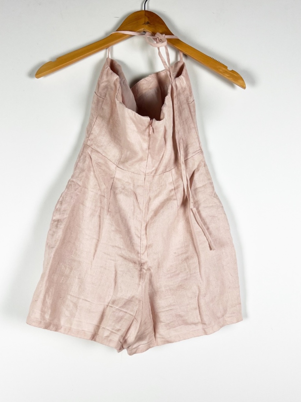 Lovers And Friends Linen Woven Pocket Front Halter Neck Mini Romper Dress Pink - Picture 4 of 4